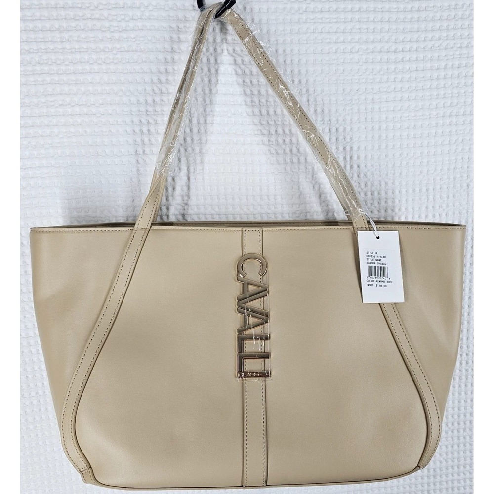 Cavalli Class Womens Sandra Shopper Tote Bag Almond Buff Beige Gold Logo New
